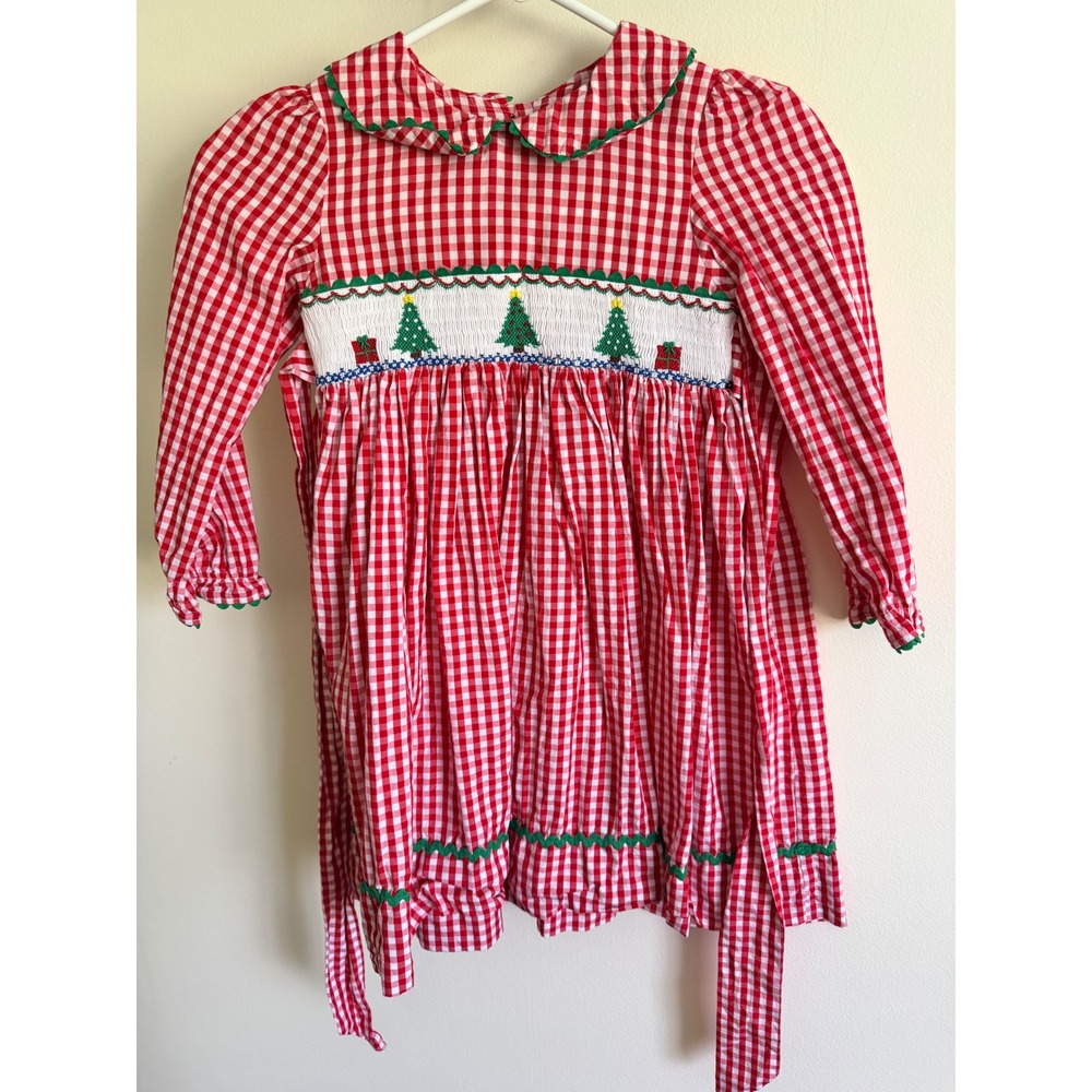 Marmellata Girls Red Gingham Smocked Christmas Tree Dress Size 5 Holiday Cotton